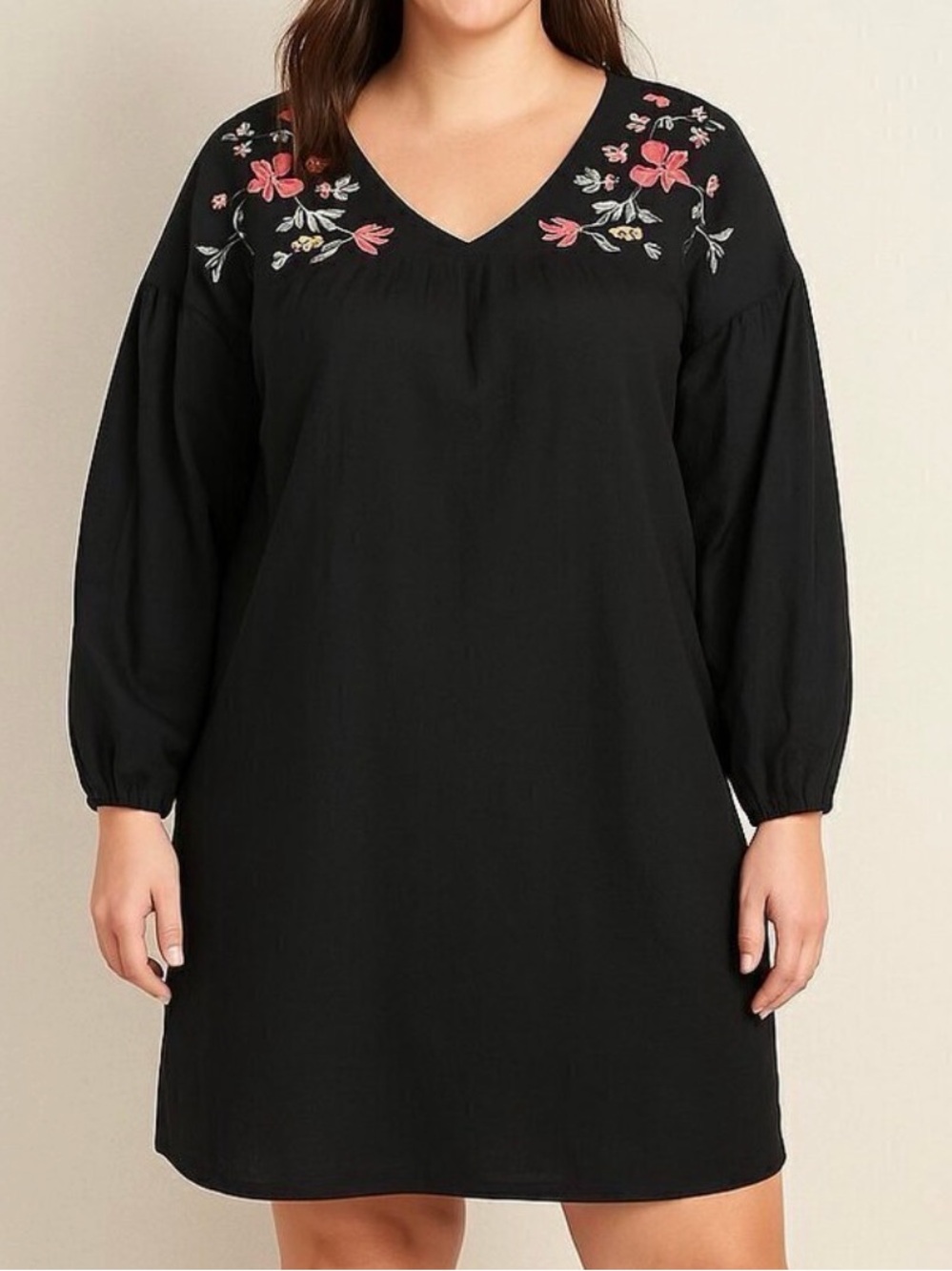 Old Navy Black Long Sleeve Dress with Pink & Yellow Floral Embroidery